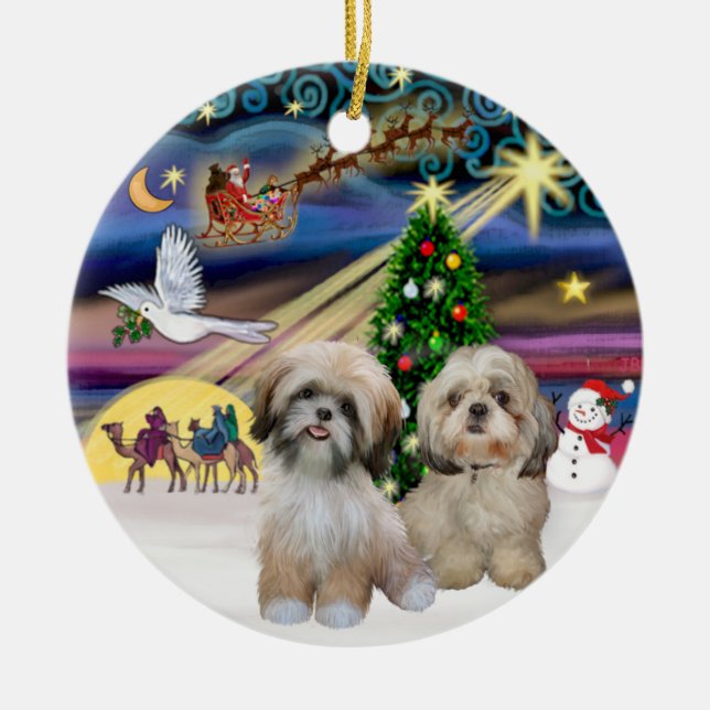 Ornamento De Cerâmica Mágica do Xmas - Dois Shih Tzus (P2+Y) (Frente)