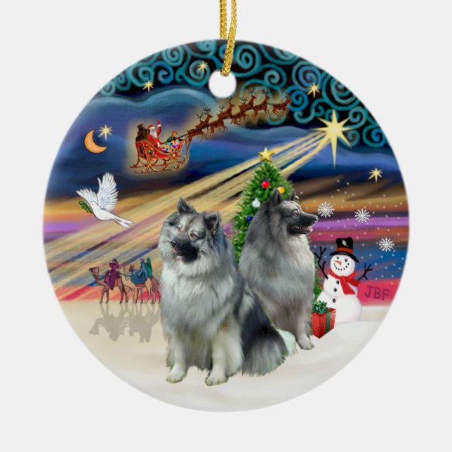 Ornamento De Cerâmica Mágica do Xmas - Keeshond (dois) (Frente)