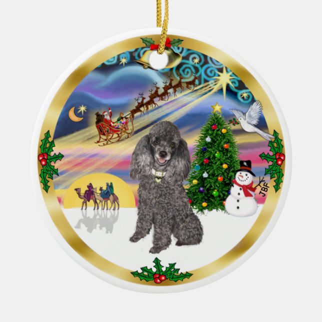 Ornamento De Cerâmica Mágica do Xmas - Poodle de Brinquedos Prateados (Frente)