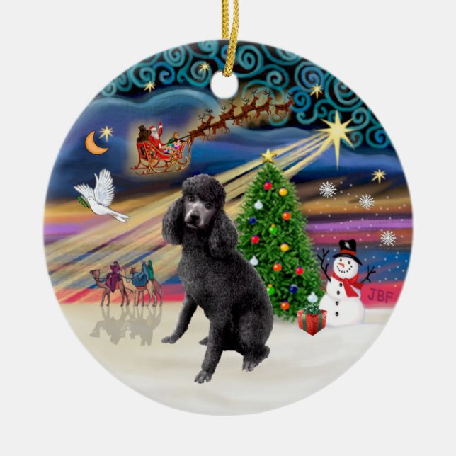 Ornamento De Cerâmica Mágica do Xmas - Poodle Preto Padrão (Frente)