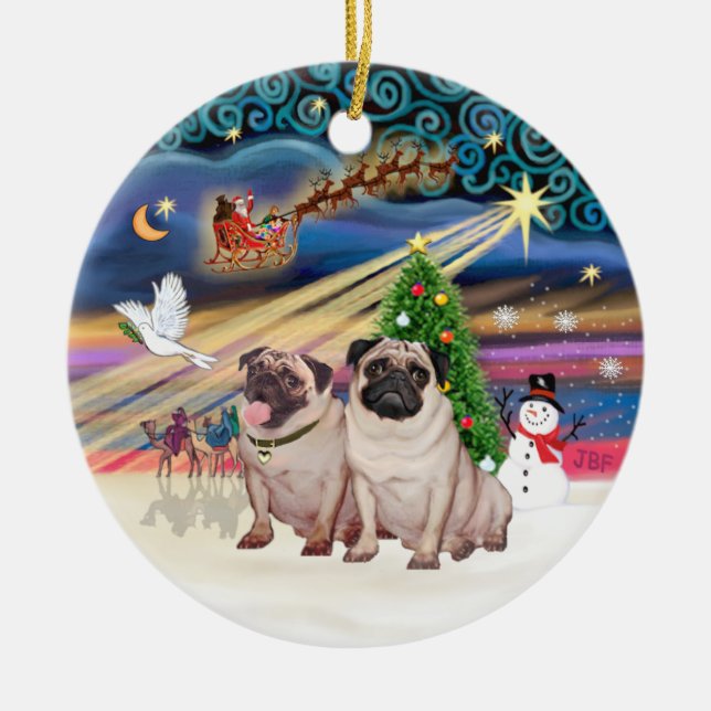 Ornamento De Cerâmica Mágica do Xmas - Pugs (2 da face) (Frente)