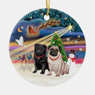 Ornamento De Cerâmica Mágica do Xmas - Pugs (duas folhas + preto)