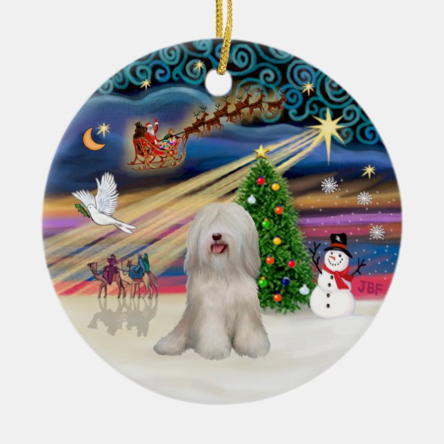 Ornamento De Cerâmica Mágica do Xmas - Tibetano Terrier (branco) (Frente)