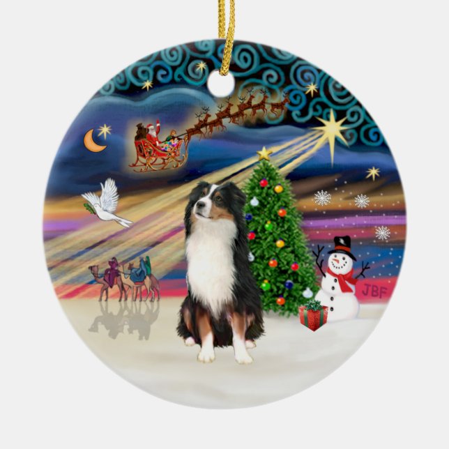 Ornamento De Cerâmica Mágica Xmas - Aussie Shepherd (tri) (Frente)