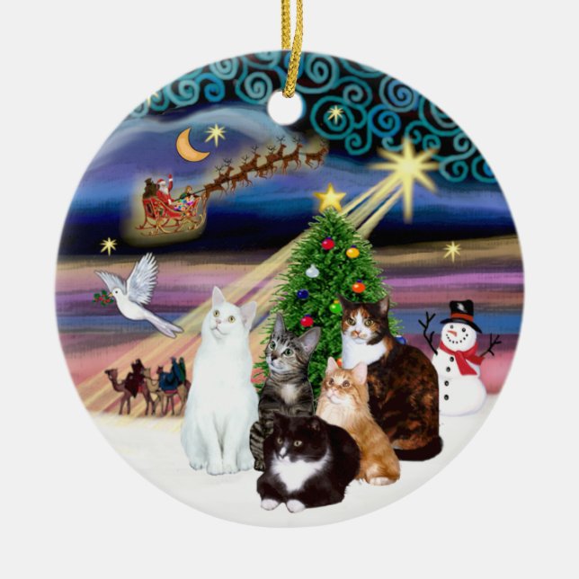 Ornamento De Cerâmica Mágica Xmas - Cinco gatos (ASH) (Frente)