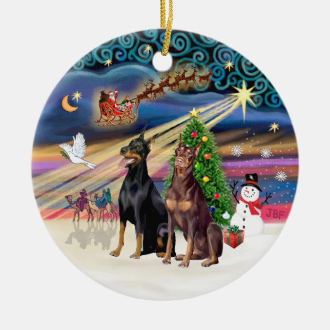 Ornamento De Cerâmica Mágica Xmas - Dobermans (TWO-Blk-Red) (Frente)