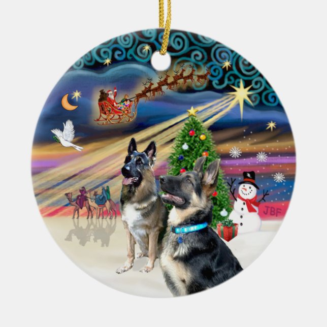 Ornamento De Cerâmica Mágica Xmas - German shepherd (dois-2) (Frente)