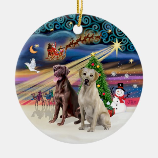 Ornamento De Cerâmica Mágica Xmas - Labradores (Choc-Yellow) (Frente)