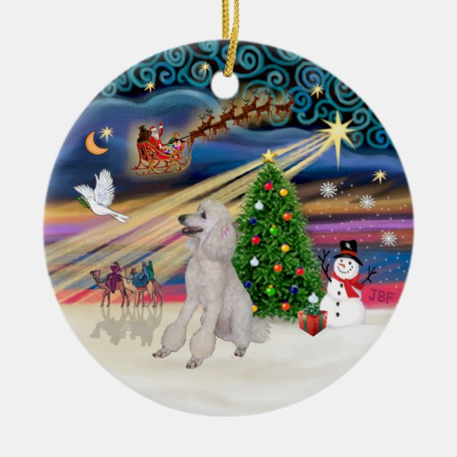 Ornamento De Cerâmica Mágica Xmas - Poodle (branco padrão, fitas) (Frente)