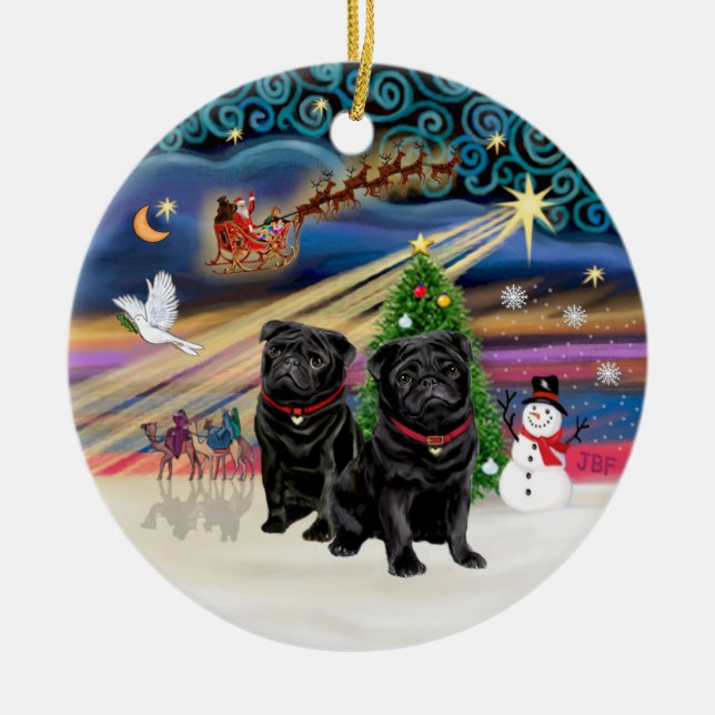 Ornamento De Cerâmica Mágica Xmas - Pugs (DOIS preto) (Frente)