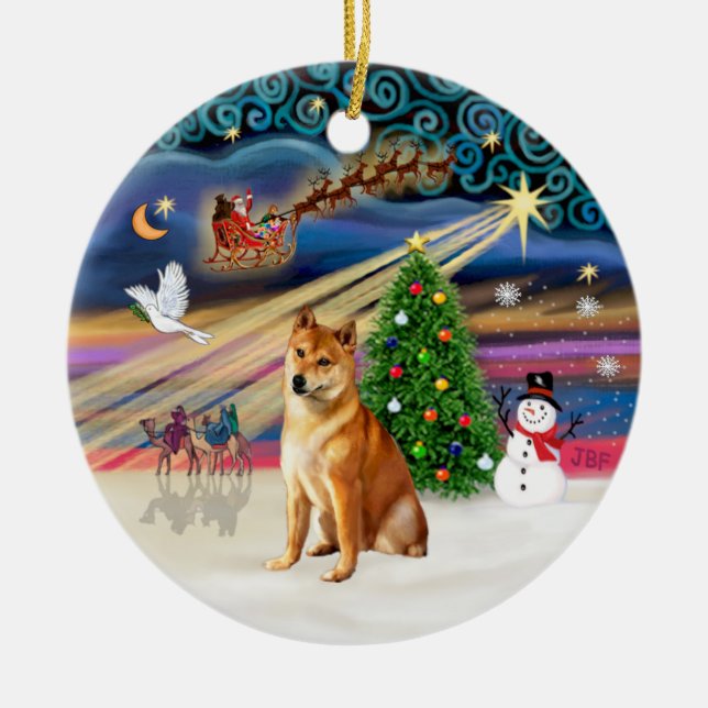 Ornamento De Cerâmica Mágica Xmas - Shiba Inu 7 (Frente)