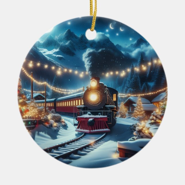 Ornamento De Cerâmica Magical Snowy Christmas Train Winter Scene (Frente)
