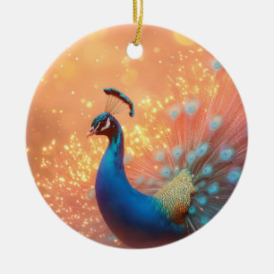 Ornamento De Cerâmica Magnífico Pavão com Plumagem Vibrante