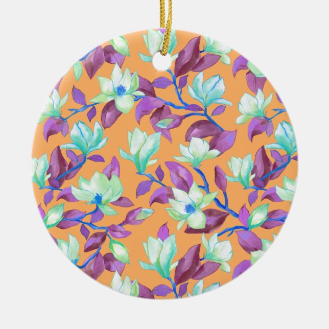 Ornamento De Cerâmica Magnólia florescente no céu de baunilha (Frente)