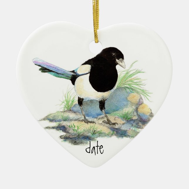 Ornamento De Cerâmica Magpie de Aquarela Datado Personalizado, Aves (Frente)