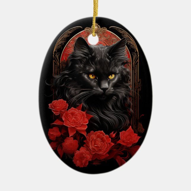Ornamento De Cerâmica Maine Coon cat com flores (Frente)