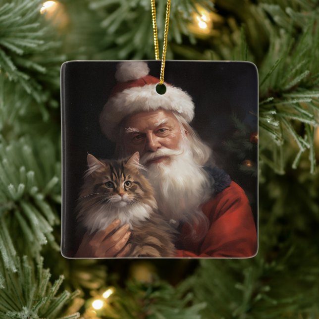 Ornamento De Cerâmica Maine Coon com Papai Noel Natal Festivo (Árvore)