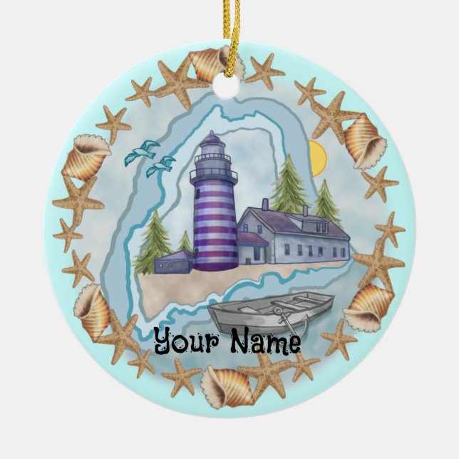 Ornamento De Cerâmica Maine Shells Lighthouse Ornament (Frente)