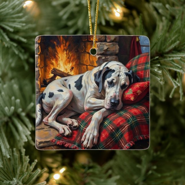 Ornamento De Cerâmica Majestic Great Dane Asleep by Fireplace Cozy (Árvore)
