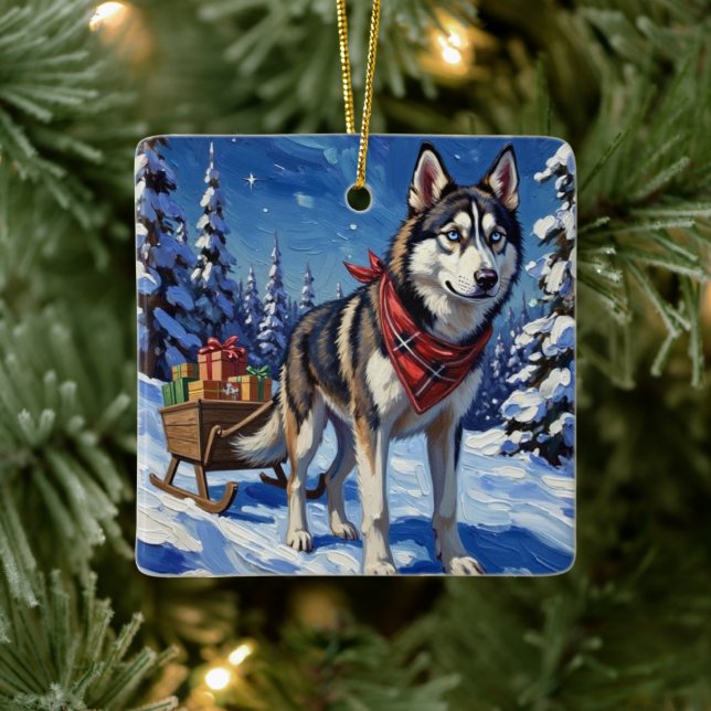 Ornamento De Cerâmica Majestic Siberian Husky Pulling Christmas Sled (Árvore)
