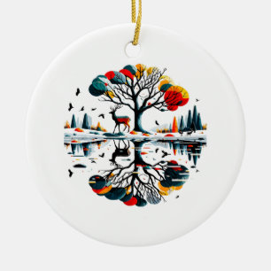 Ornamento De Cerâmica Majestoso cervo na floresta de inverno nevada