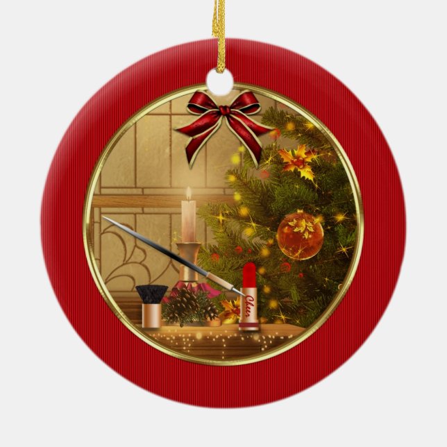 Ornamento De Cerâmica Makeup Cosmetics Red Christmas Holiday Ornament (Traseira)