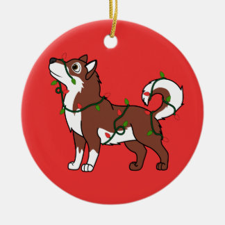 Ornamento De Cerâmica Malamute do Alasca vermelho com luzes de Natal