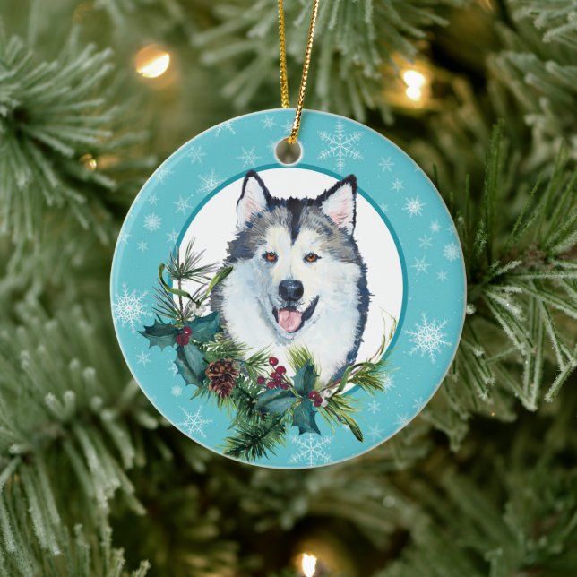 Ornamento De Cerâmica Malamute Evergreen Blue Snowflake Border (Árvore)