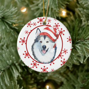 Ornamento De Cerâmica Malamute Santa Hat Snowflake Ornament Cerâmico