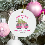 Ornamento De Cerâmica Malibu California Christmas Tree Fazenda Pink RV N<br><div class="desc">Ilustração de um RV cor-de-rosa com árvore de Natal amarrada ao topo. Personalize o texto.</div>