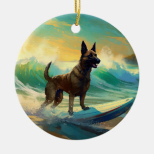 Ornamento De Cerâmica Malinoi Belga Pintura de Surf na Praia