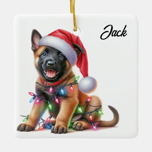 Ornamento De Cerâmica Malinois Puppy belga de Natal personalizado (Frente)