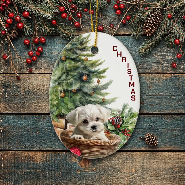 Ornamento De Cerâmica Maltês Puppy Wicker Basket Christmas (Criador carregado)
