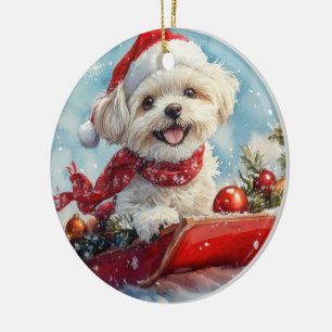 Ornamento De Cerâmica Malti Tzu Cachorro no Trenó Deixe Nevar Natal