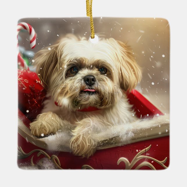 Ornamento De Cerâmica Malti Tzu Cão Natal Festivo (Frente)