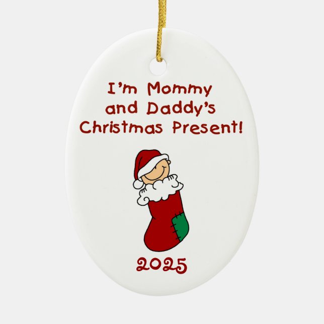 Ornamento De Cerâmica Mamãe e Pai presente no Natal (Frente)