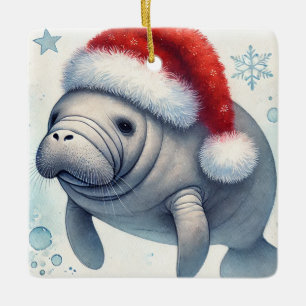 Ornamento De Cerâmica Manateio Personalizado com Santa Hat