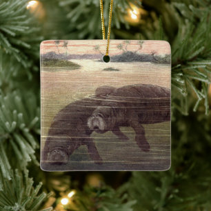 Ornamento De Cerâmica Manatis ou Vacas Marinhas Antigas, Mamíferos Marin