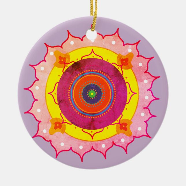 Ornamento De Cerâmica Mandala Amarelo rosa (Frente)