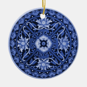 Ornamento De Cerâmica Mandala Azul e Branco Chinês Antiquado