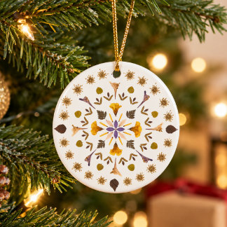 Ornamento De Cerâmica Mandala Botânica Floral Única de Flor Prensada