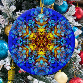 Ornamento De Cerâmica Mandala digital amarelo e azul
