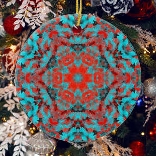 Ornamento De Cerâmica Mandala digital vermelho e azul