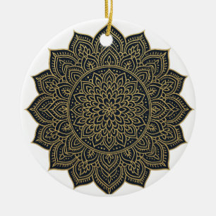 Ornamento De Cerâmica Mandala Dourada e marinho