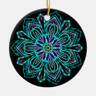 Ornamento De Cerâmica Mandala geométrica de néon vívida no Bauble preto