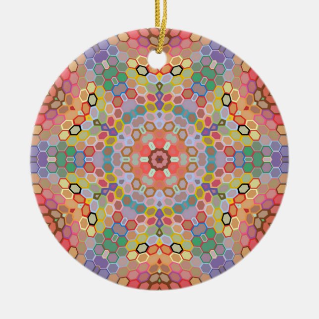 Ornamento De Cerâmica Mandala Hexagonal Arco-íris (Frente)