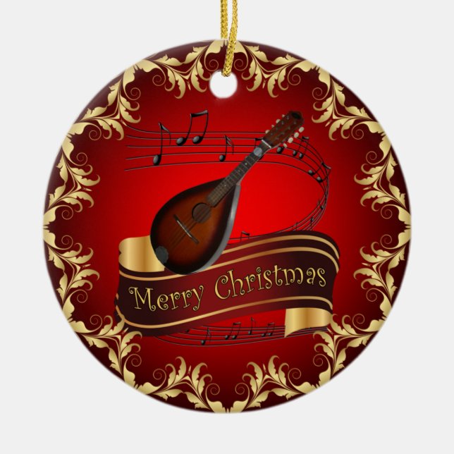 Ornamento De Cerâmica Mandolin 01~ Musical Scroll ~ Feliz Natal ~ (Frente)