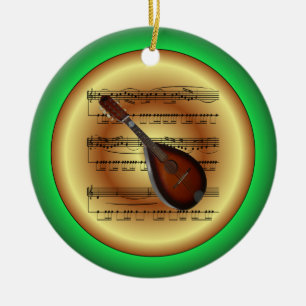Ornamento De Cerâmica Mandolin~Música Folha~Vermelho/Verde/Dourado~Natal