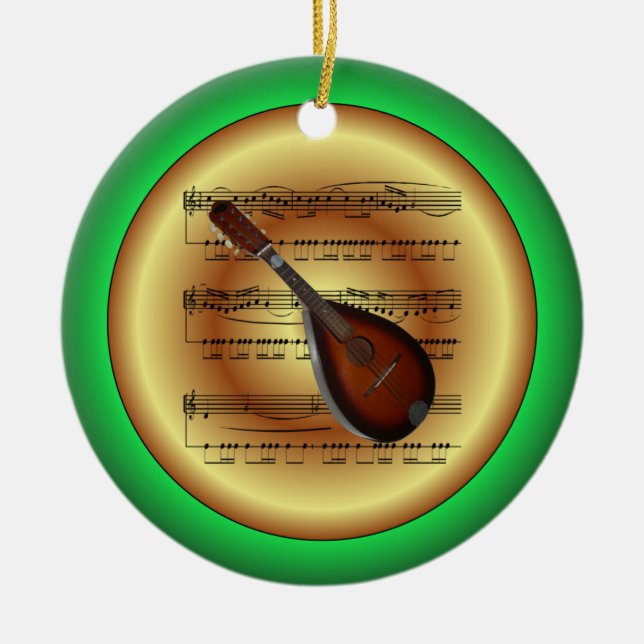 Ornamento De Cerâmica Mandolin~Música Folha~Vermelho/Verde/Dourado~Natal (Frente)