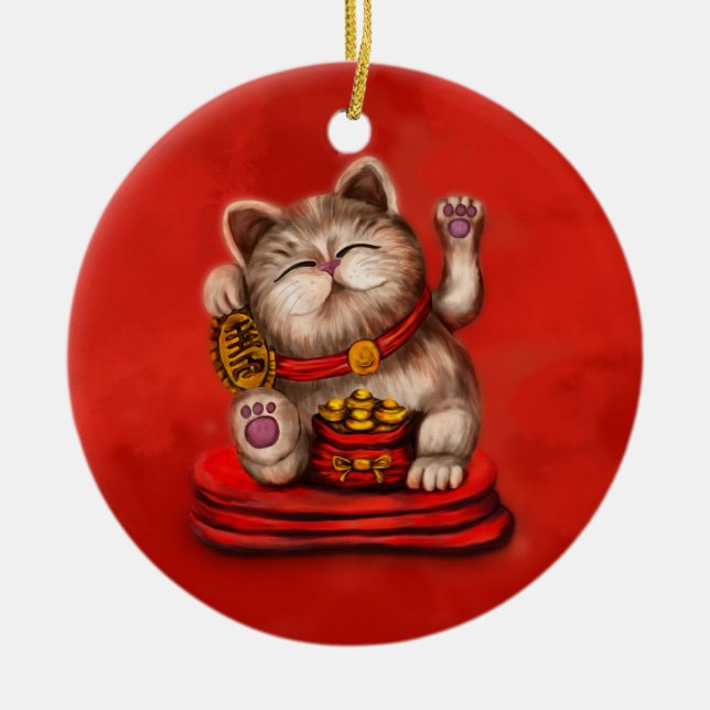 Ornamento De Cerâmica Maneki-neko Beckoning cat em vermelho (Frente)